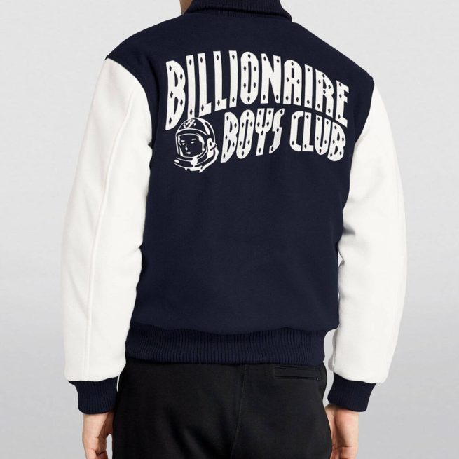 Billionaire Boys Club Astro blue and white varsity jacket with logo on back