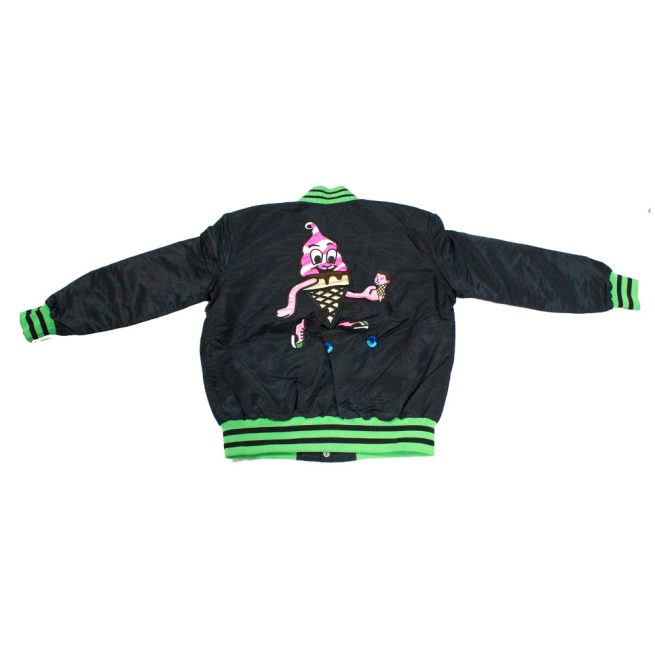 Black satin bomber jacket with green trim and cartoon ice cream cone graphic on back