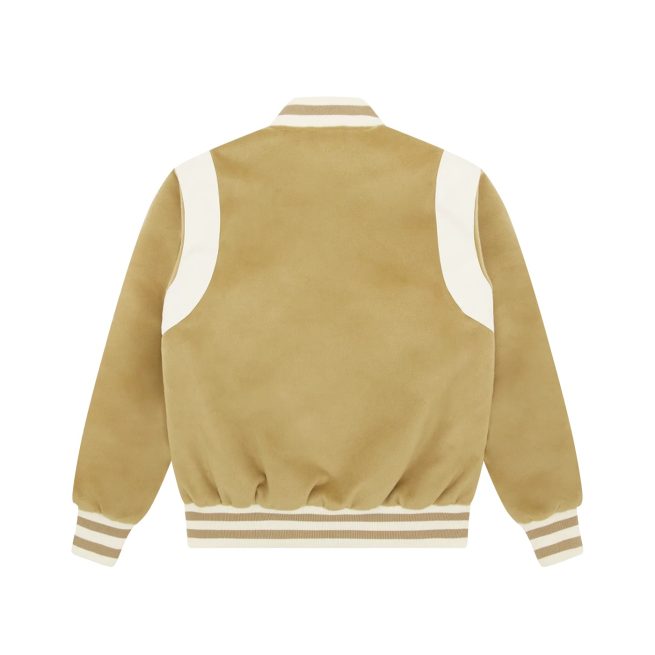 Beige varsity jacket with white shoulder accents and striped ribbed cuffs and hem, back view.