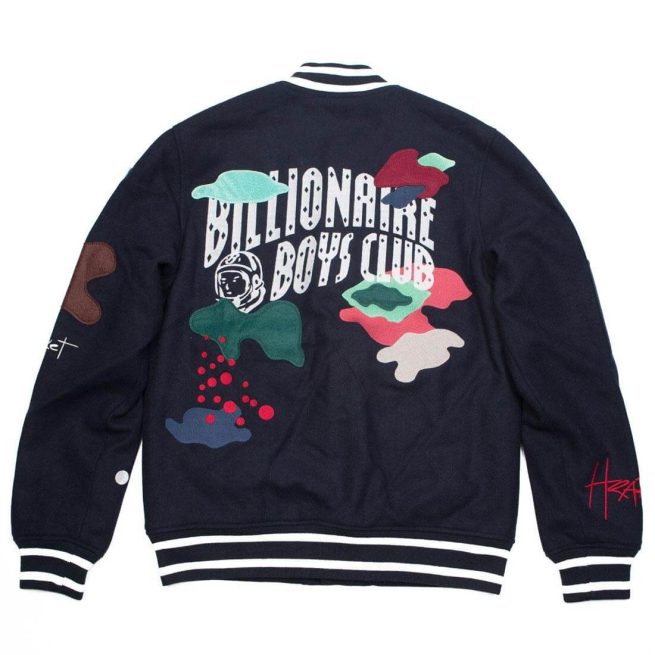 Billionaire Boys Club navy jacket with colorful Mars-themed patches and astronaut logo