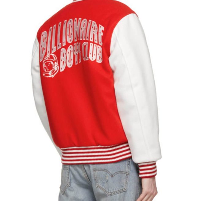 Red and white Billionaire Boys Club Astro varsity jacket with bold back logo