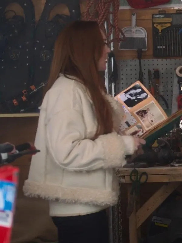 Lindsay Lohan Falling For Christmas 2022 Shearling Jacket