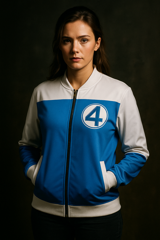 Woman in blue and white Fantastic Four jacket, hands in pockets, dark background