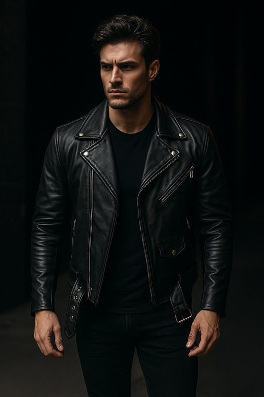 Man in black leather biker jacket and black shirt posing in a dark urban setting