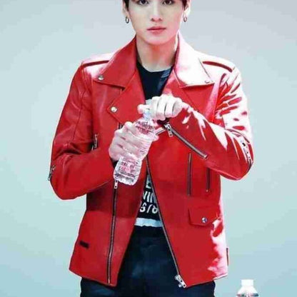 BTS Jungkook Red Leather Jacket