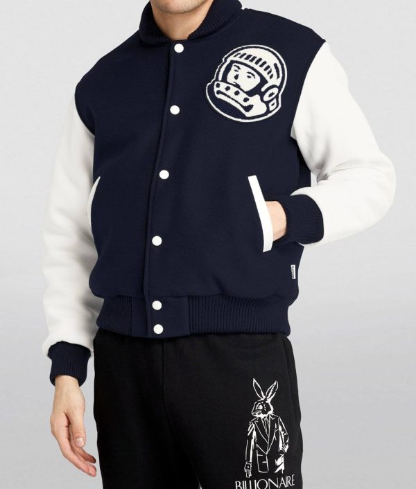Billionaire Boys Club Astro blue and white varsity jacket with logo, modeled on person