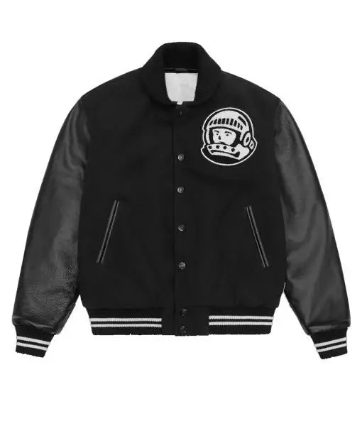 Black Billionaire Boys Club Astro Patch varsity jacket with striped cuffs and astronaut logo