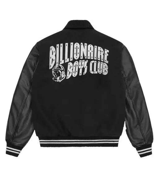 Billionaire Boys Club black varsity jacket with astronaut patch and white logo on back