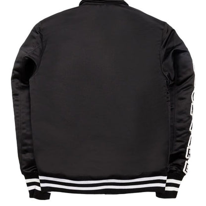 Black satin bomber jacket with white striped cuffs and lettering on sleeve