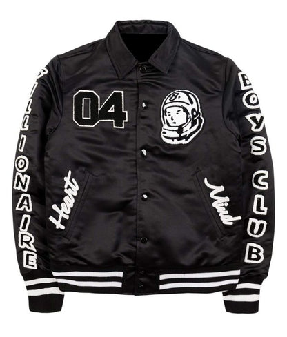 Billionaire Boys Club black Astro satin jacket with astronaut patch and white logo lettering