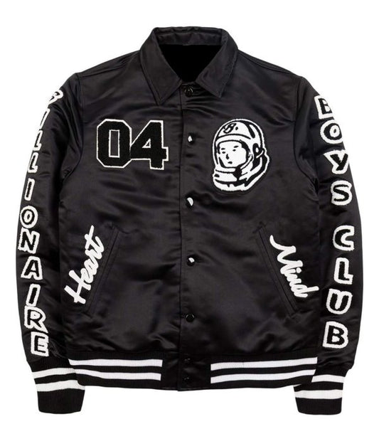 Billionaire Boys Club black Astro satin jacket with astronaut patch and white logo lettering