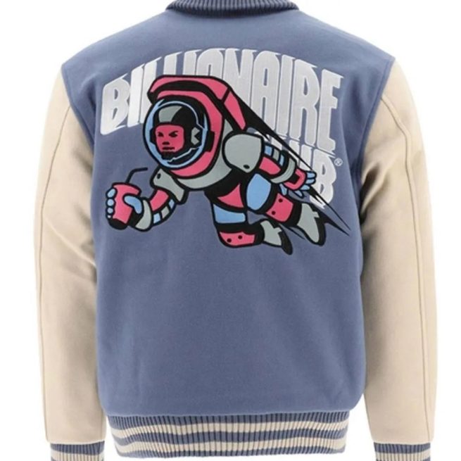 Billionaire Boys Club varsity jacket with spaceman graphic on back, blue and beige sleeves