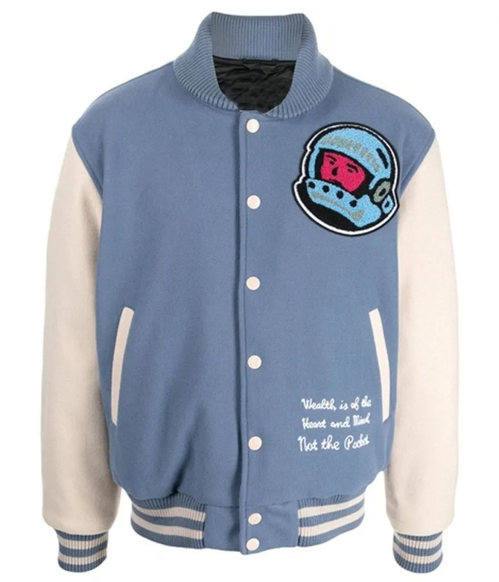 Light blue Billionaire Boys Club varsity jacket with spaceman patch and white sleeves