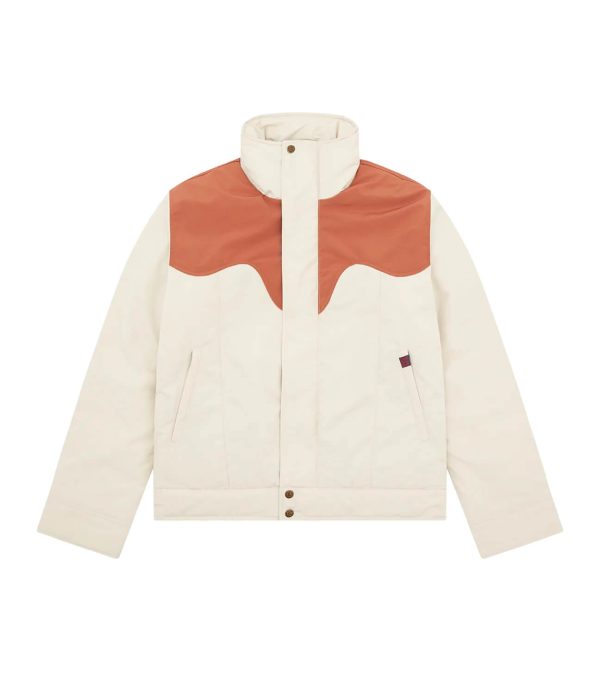 Cream and brown Billionaire Boys Club jacket with front snap buttons and color block yoke
