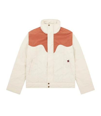 Cream and brown Billionaire Boys Club jacket with front snap buttons and color block yoke