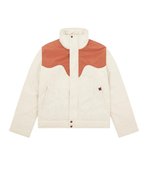Cream and brown Billionaire Boys Club jacket with front snap buttons and color block yoke