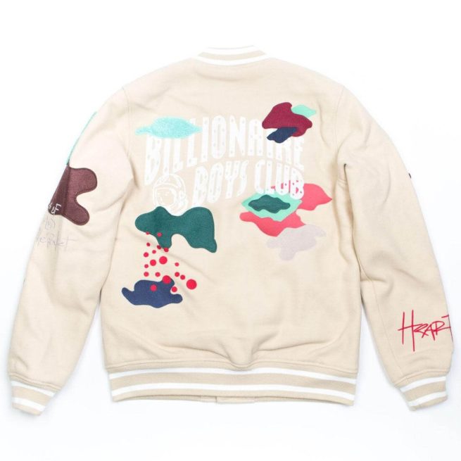 Billionaire Boys Club cream Mars varsity jacket with colorful patches and bold back logo
