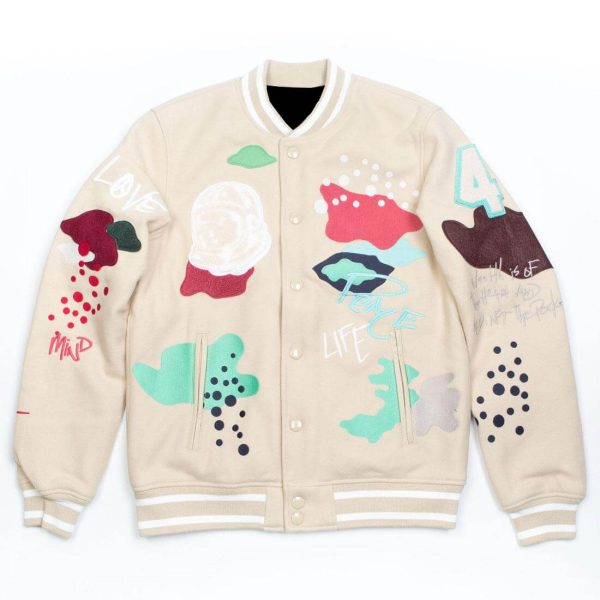 Billionaire Boys Club Cream Mars varsity jacket with colorful abstract patches and graphic text
