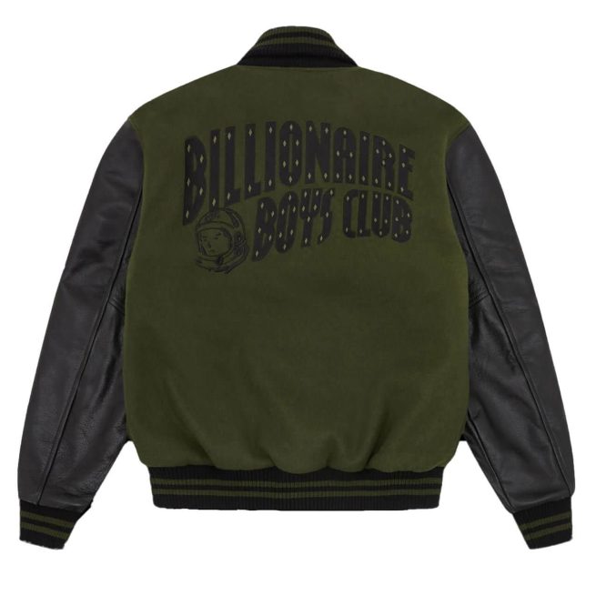 Billionaire Boys Club green varsity jacket with black leather sleeves, back logo detail