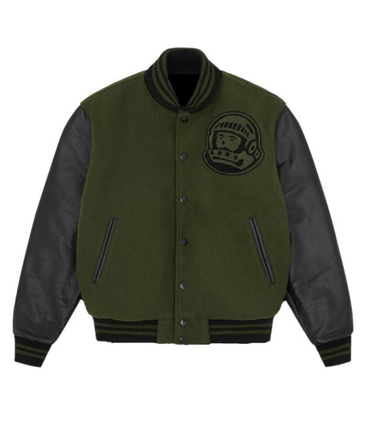 Billionaire Boys Club green and black varsity jacket with astronaut patch on chest