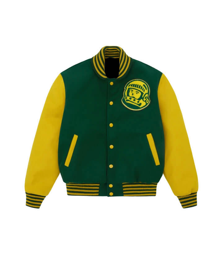 Green and yellow Billionaire Boys Club varsity jacket with astronaut logo on chest