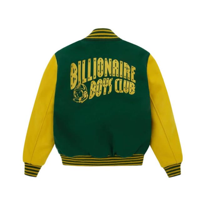 Billionaire Boys Club green and yellow varsity jacket with logo on back