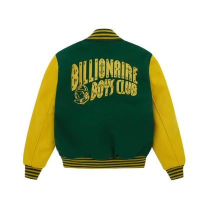 Billionaire Boys Club green and yellow varsity jacket with logo on back