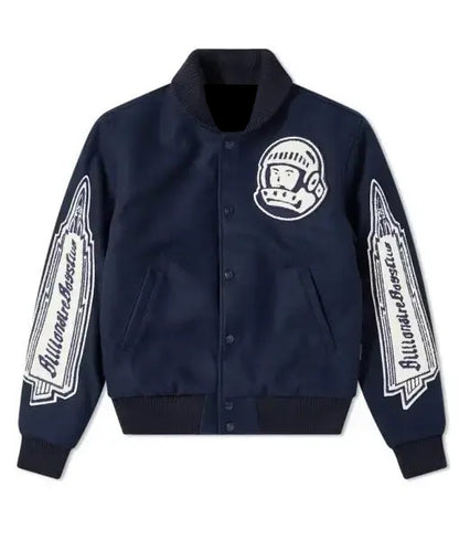 Navy Billionaire Boys Club varsity jacket with astronaut logo and rocket graphic sleeves