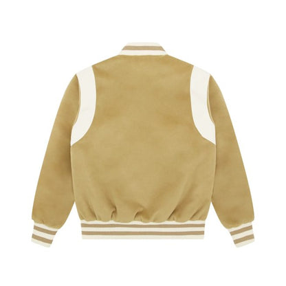 Beige varsity jacket with white shoulder accents and striped ribbed cuffs and hem, back view.