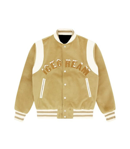 Tan and white Billionaire Boys Club Ice Cream varsity jacket with arched logo on front