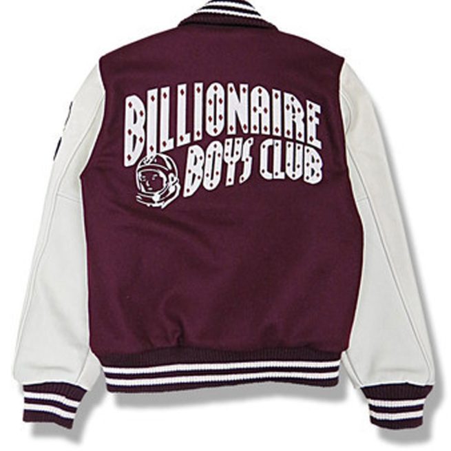 Billionaire Boys Club maroon and white varsity jacket with astronaut logo on back