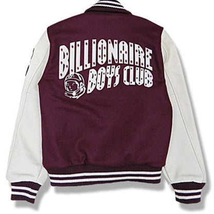 Billionaire Boys Club maroon and white varsity jacket with astronaut logo on back