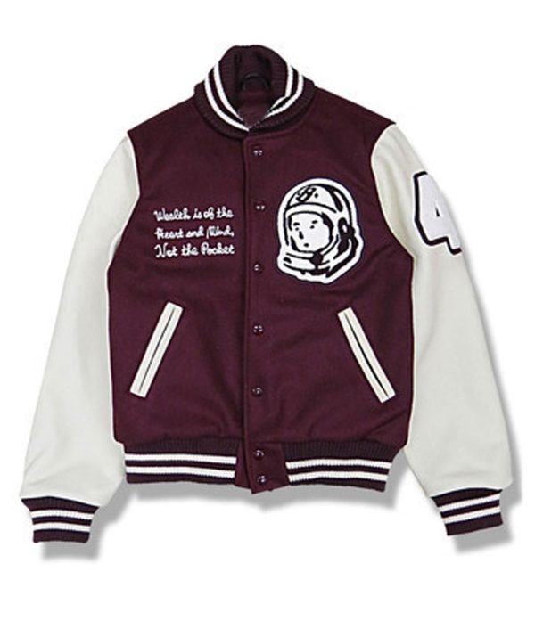 Billionaire Boys Club maroon and white Astro varsity jacket with astronaut patch