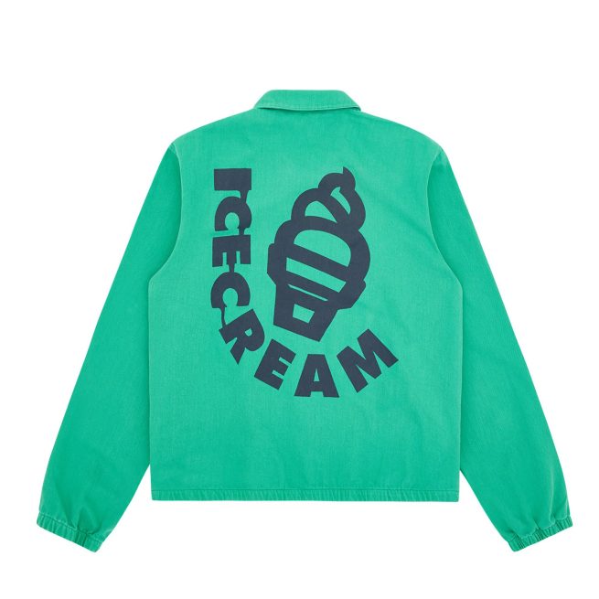 Green jacket with large navy ICECREAM text and ice cream cone graphic on back