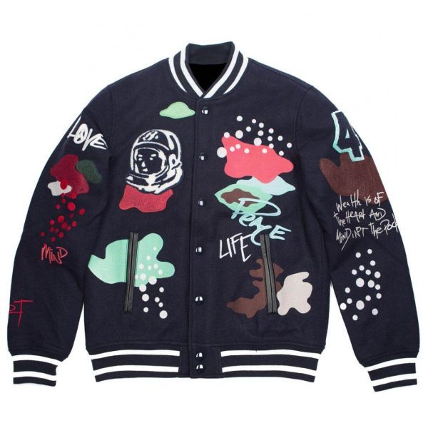 Billionaire Boys Club navy varsity jacket with astronaut patch, graffiti art, and colorful accents