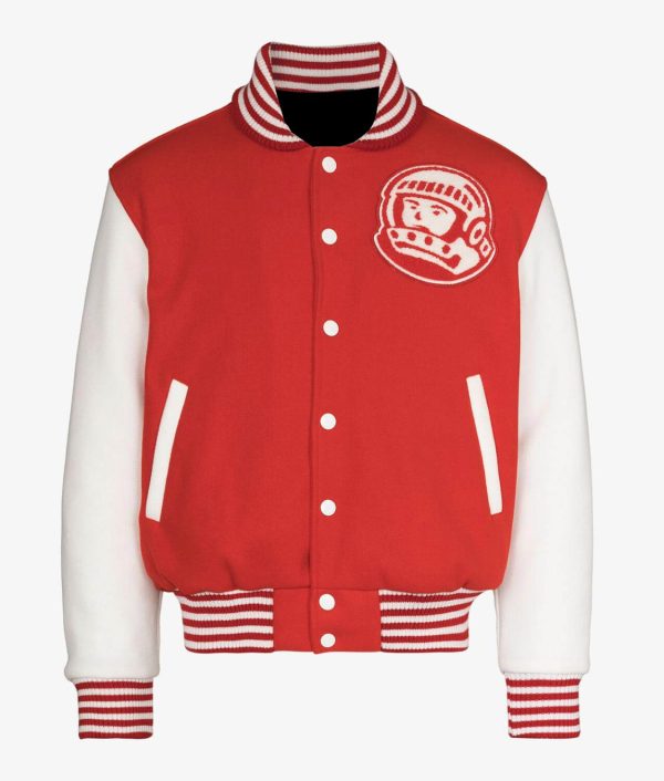 Red and white Billionaire Boys Club Astro varsity jacket with logo patch