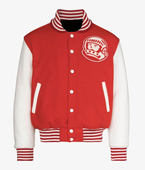 Red and white Billionaire Boys Club Astro varsity jacket with logo patch