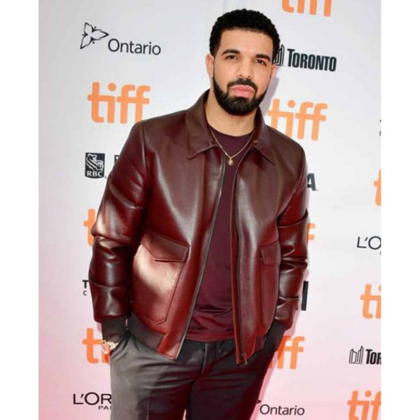 Drake Film Festival Burgundy Bomber Leather Jacket