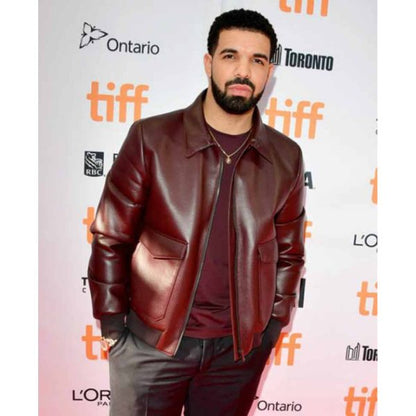 Drake Film Festival Burgundy Bomber Leather Jacket