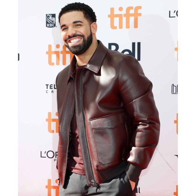 Drake Film Festival Burgundy Bomber Leather Jacket