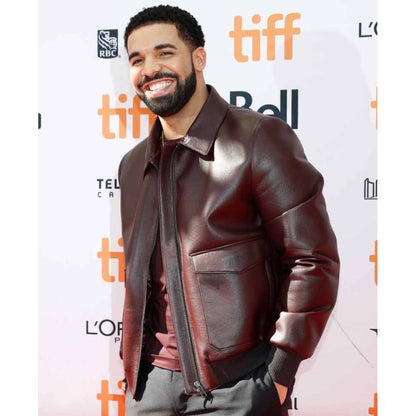 Drake Film Festival Burgundy Bomber Leather Jacket
