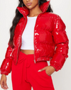 Glossy Red Parachute Cropped Puffer Jacket