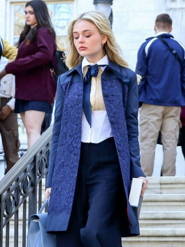 Gossip Girl S02 Emily Alyn Lind Blue Lace-Paneled Coat