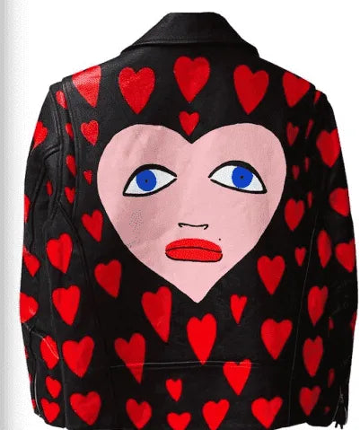 Heart Printed Black Leather Jacket