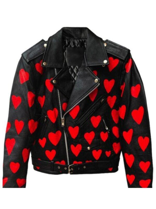 Heart Printed Black Leather Jacket