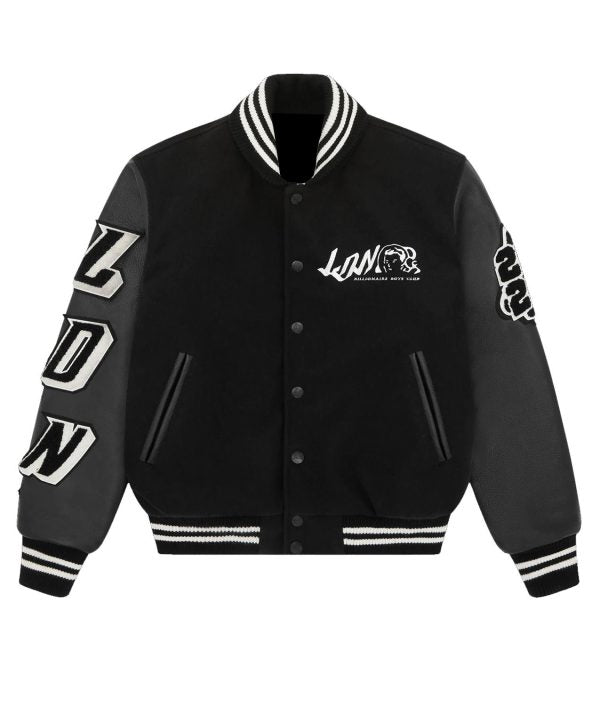 Black Billionaire Boys Club varsity jacket with LDN lettering and striped trim