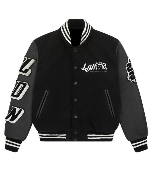 Black Billionaire Boys Club varsity jacket with LDN patch and striped collar cuffs