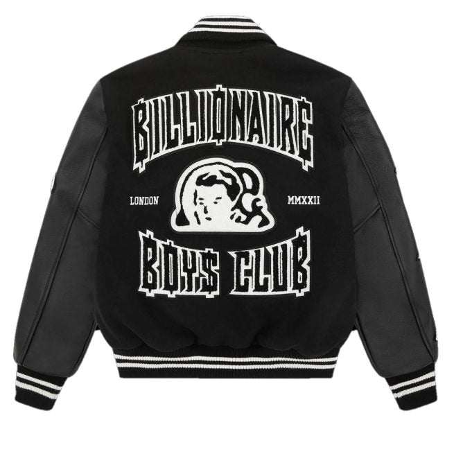 Billionaire Boys Club black varsity jacket with bold white logo and astronaut graphic on back