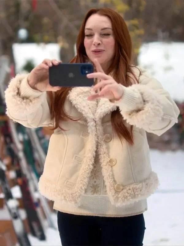 Lindsay Lohan Falling For Christmas 2022 Shearling Jacket