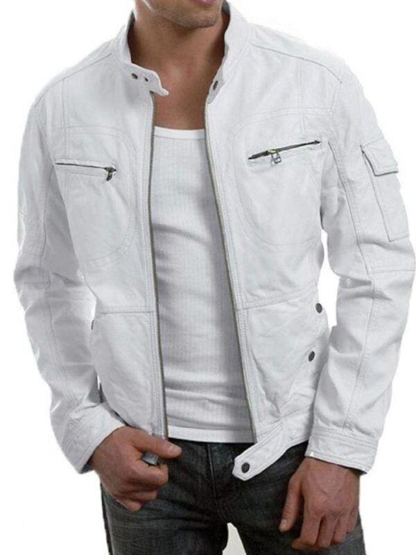 Mens Biker White Leather Jacket